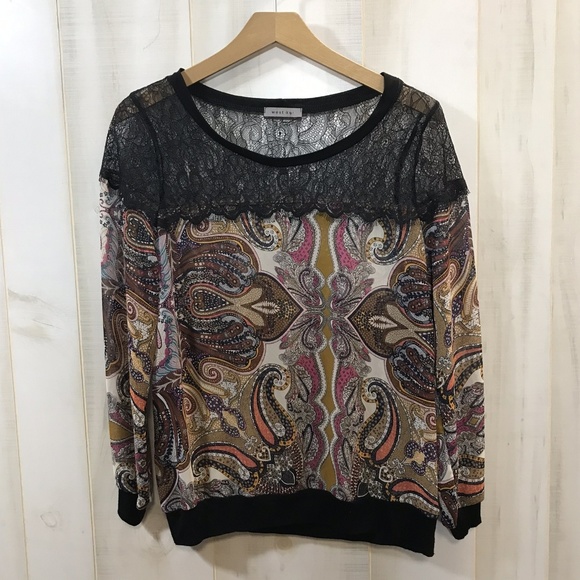 West Kei Tops - West Kei Black Lace Yoke Paisley Print Top Small